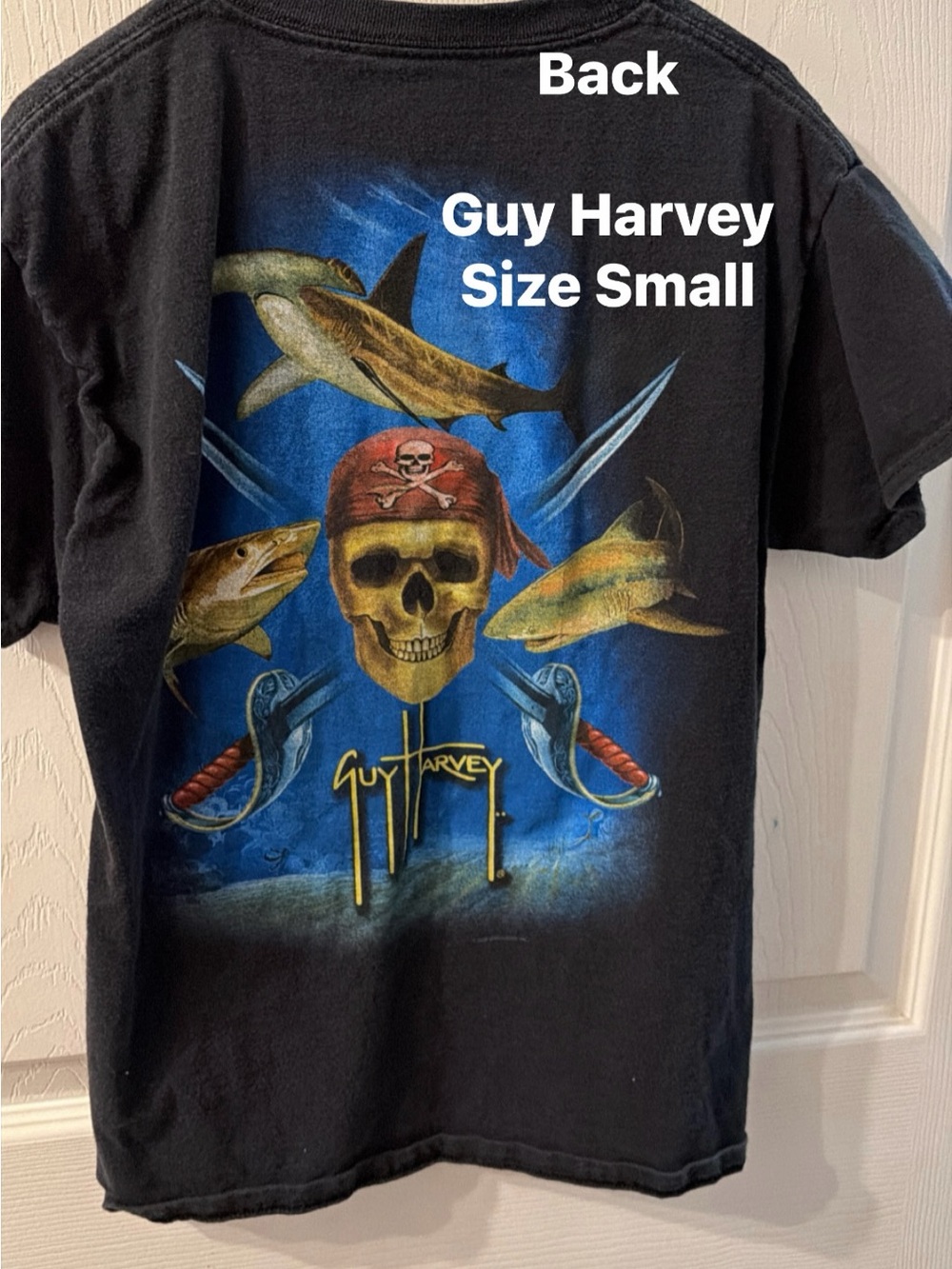 Guy Harvey Black Tee with Blue and Gold Shark Skull Graphic